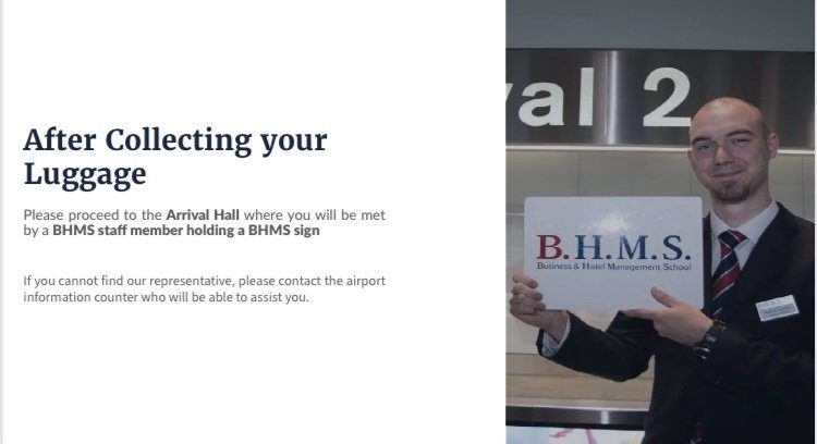 BHMS staff member welcoming international students at Zurich Airport as part of Swiss all-inclusive tuition fees