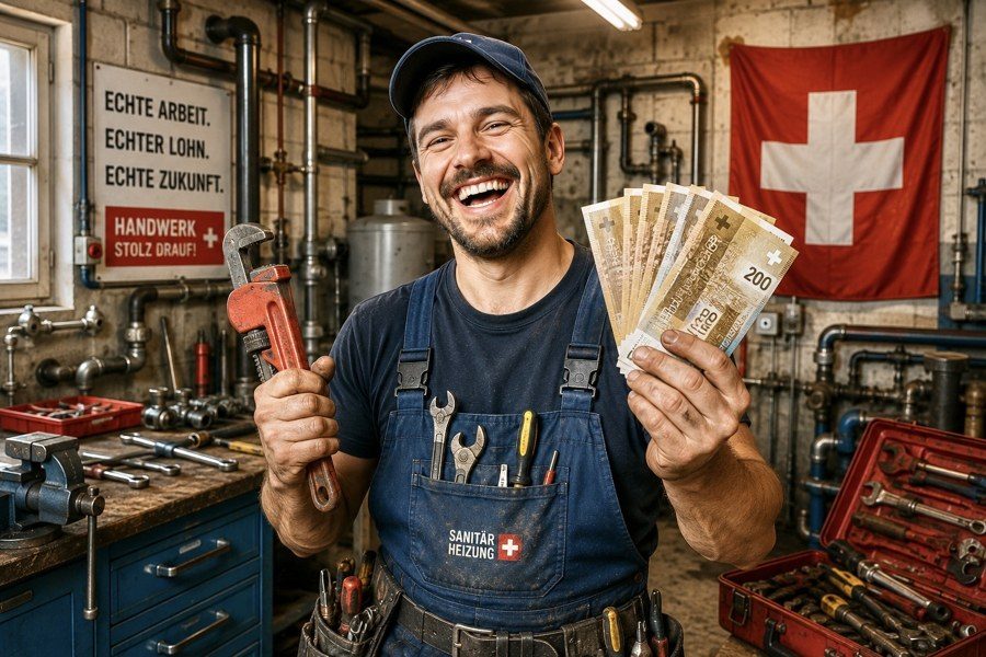 A happy Swiss plumber holding professional tools and Swiss franc banknotes