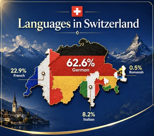 Infographic showing German, French, Italian and Romansh language regions across Switzerland