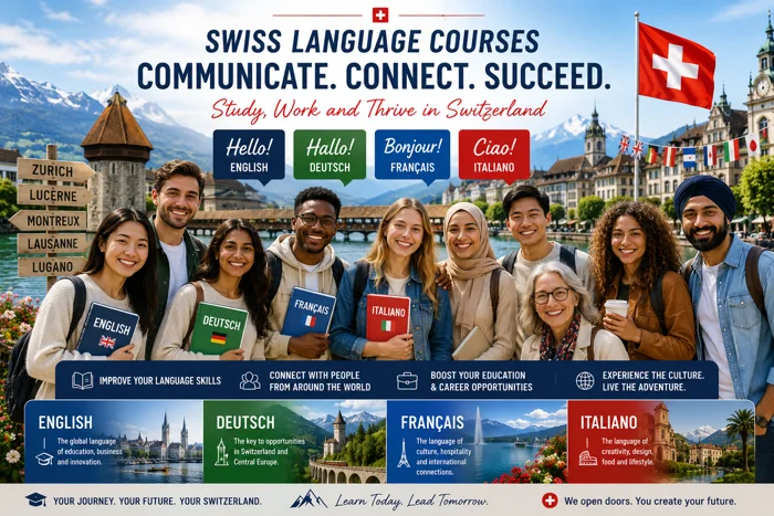 International students learning English, German, French and Italian in Switzerland