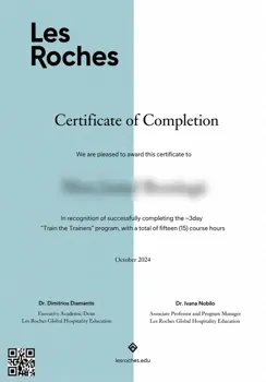 Les Roches certificate of completion with recipient name obscured