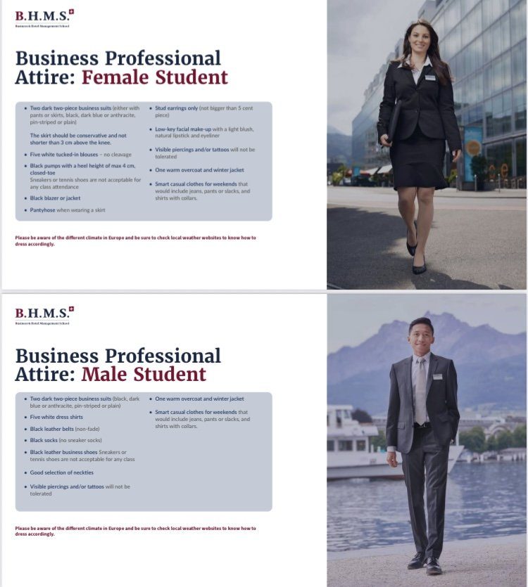 Professional dress code examples for Swiss hospitality school students