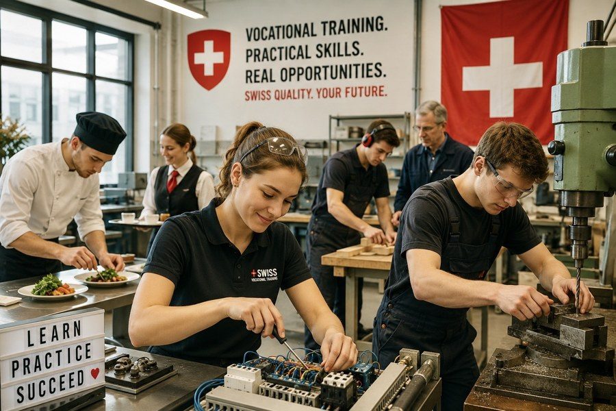 Students learning practical skills in a Swiss vocational training workshop
