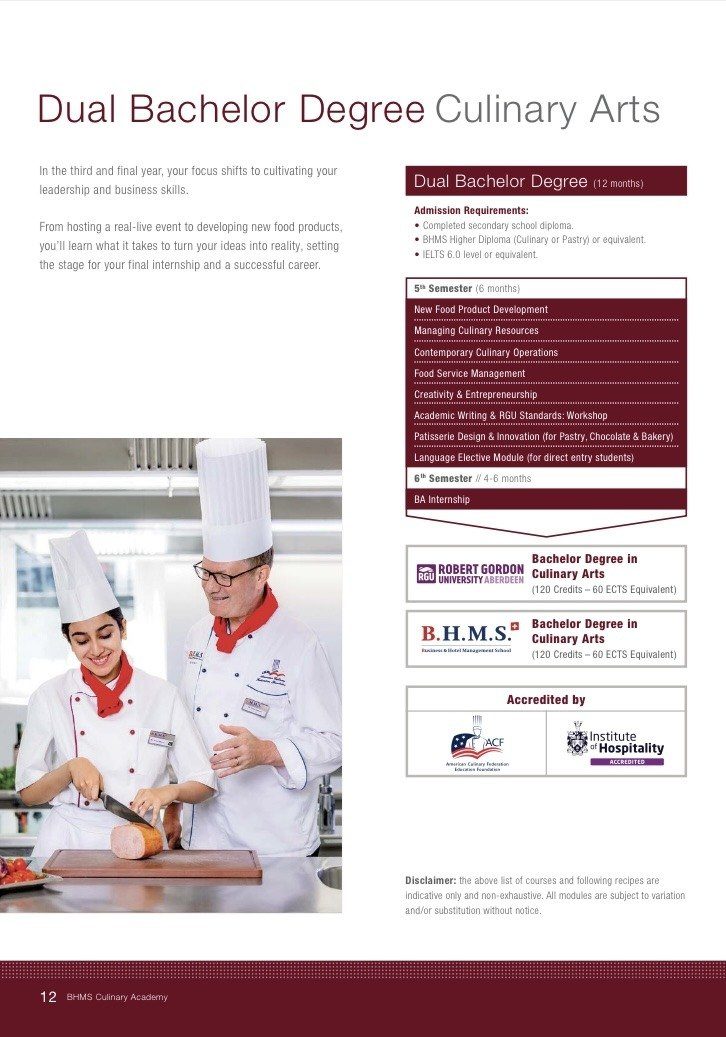 BHMS Bachelor Culinary Arts curriculum brochure page