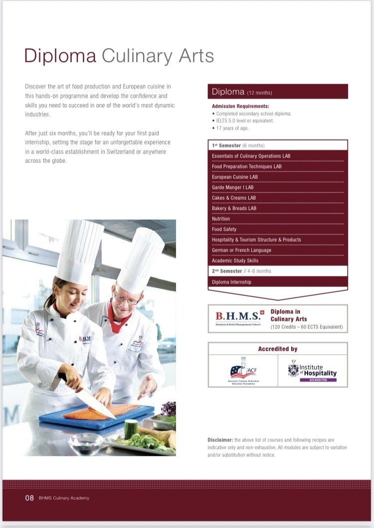 BHMS Diploma Culinary Arts curriculum brochure page