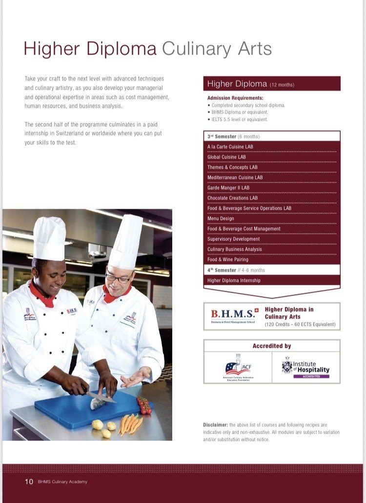 BHMS Higher Diploma Culinary Arts curriculum brochure page