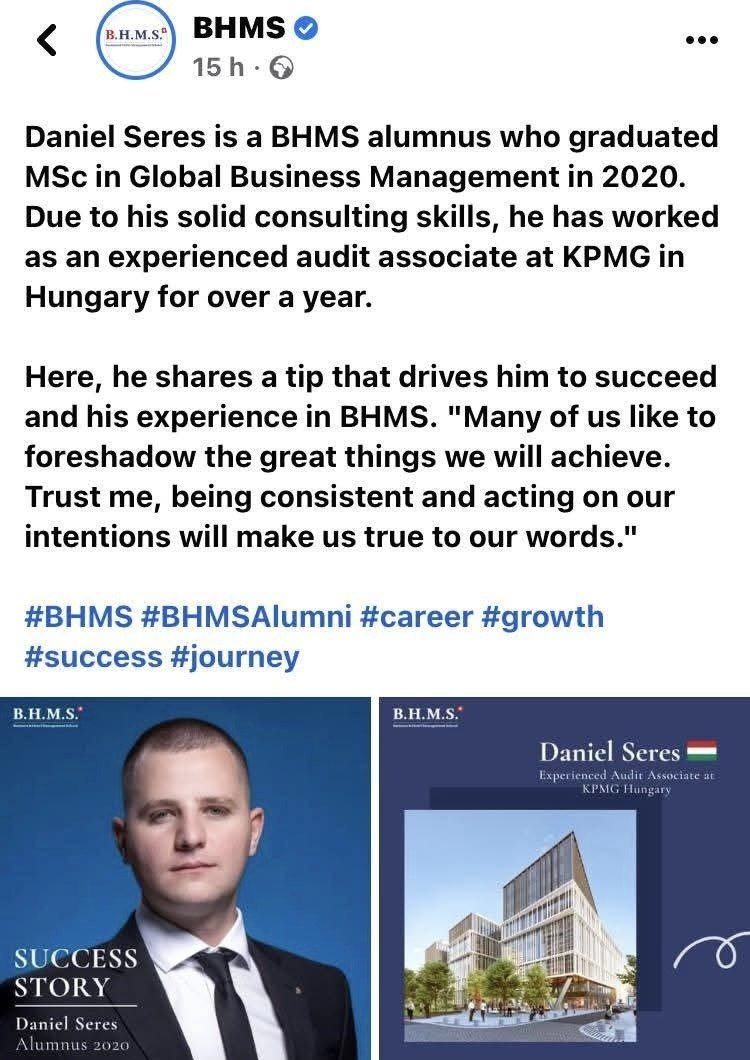 Entire Facebook post screenshot documenting Daniel's journey from BHMS into finance