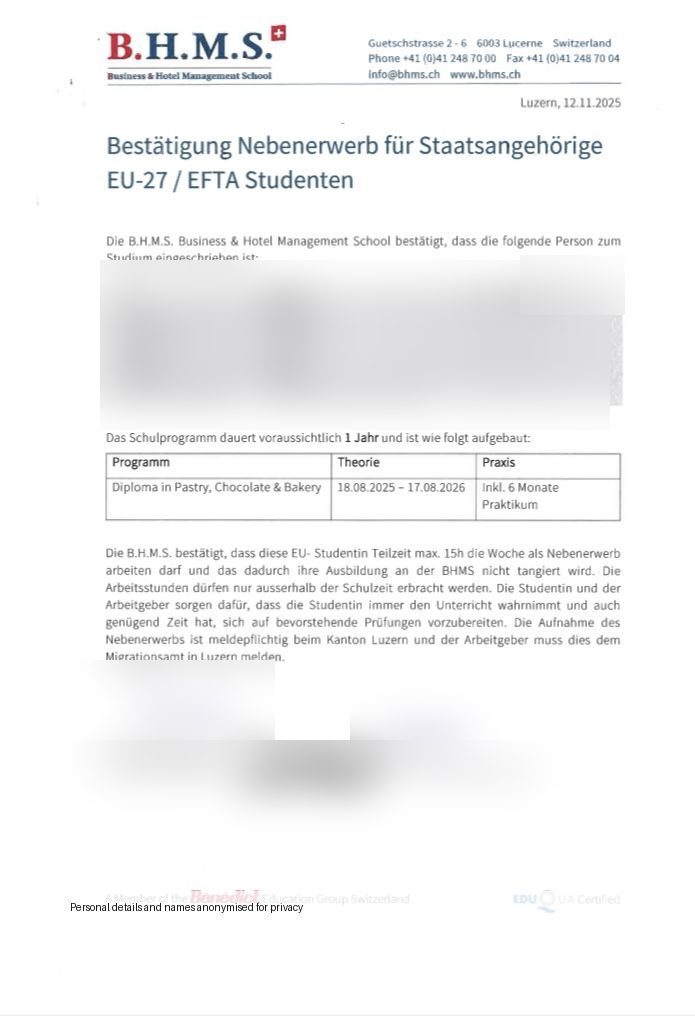 Anonymised BHMS confirmation document for EU EFTA student supplementary work during studies in Switzerland