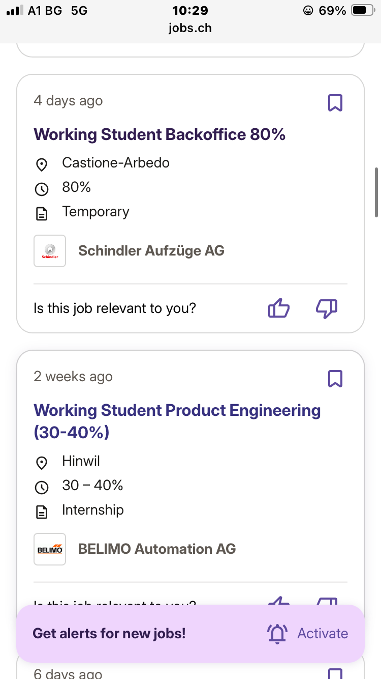 Examples of student jobs on jobs.ch on 16 June 2026 including working student roles in Switzerland