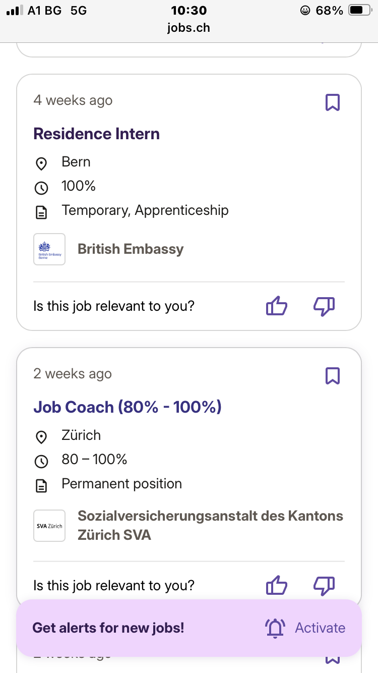Examples of student and graduate opportunities on jobs.ch on 16 June 2026