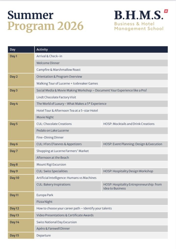 BHMS Summer Program 2026 fifteen-day activity schedule