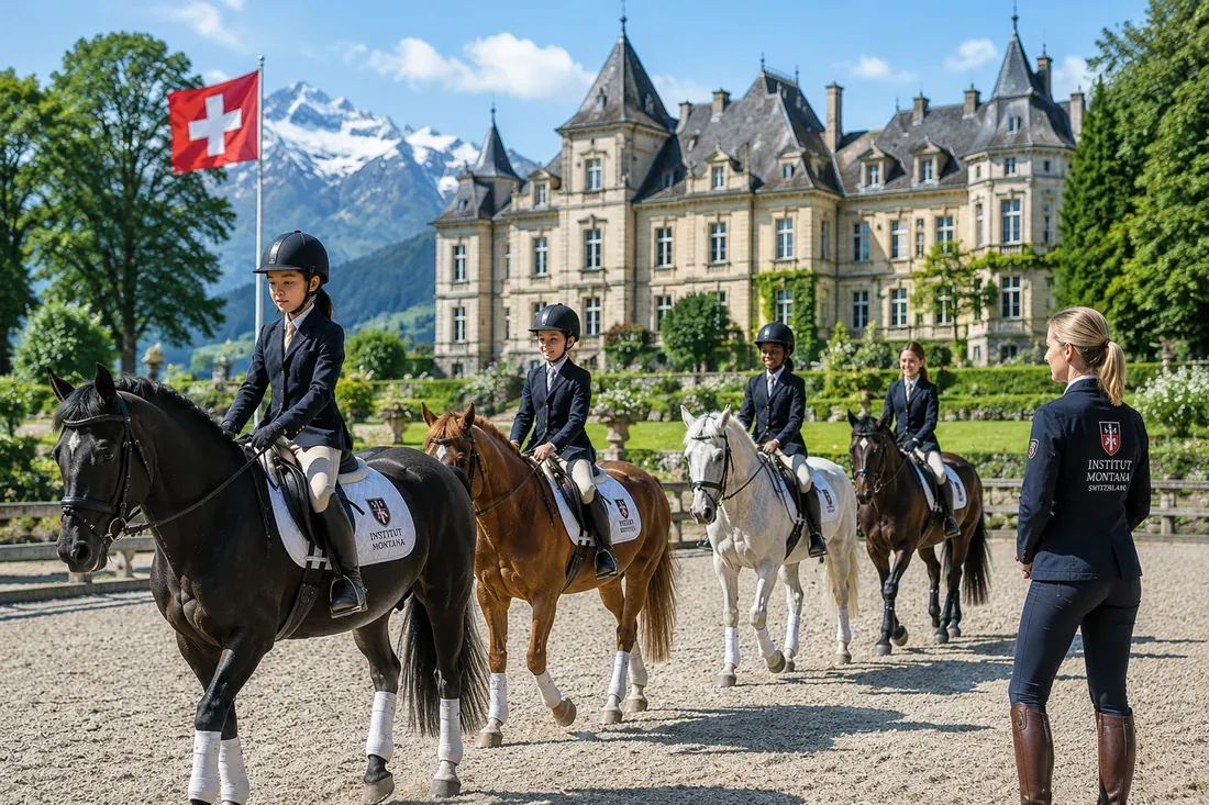 A diverse group of younger students taking a supervised dressage lesson in front of a Swiss château, with the Alps and Swiss flag in the background.