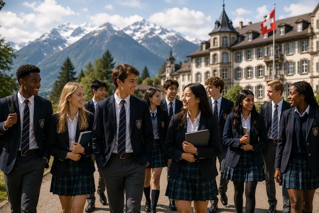 A diverse group of Swiss boarding-school students walking together on an Alpine campus.