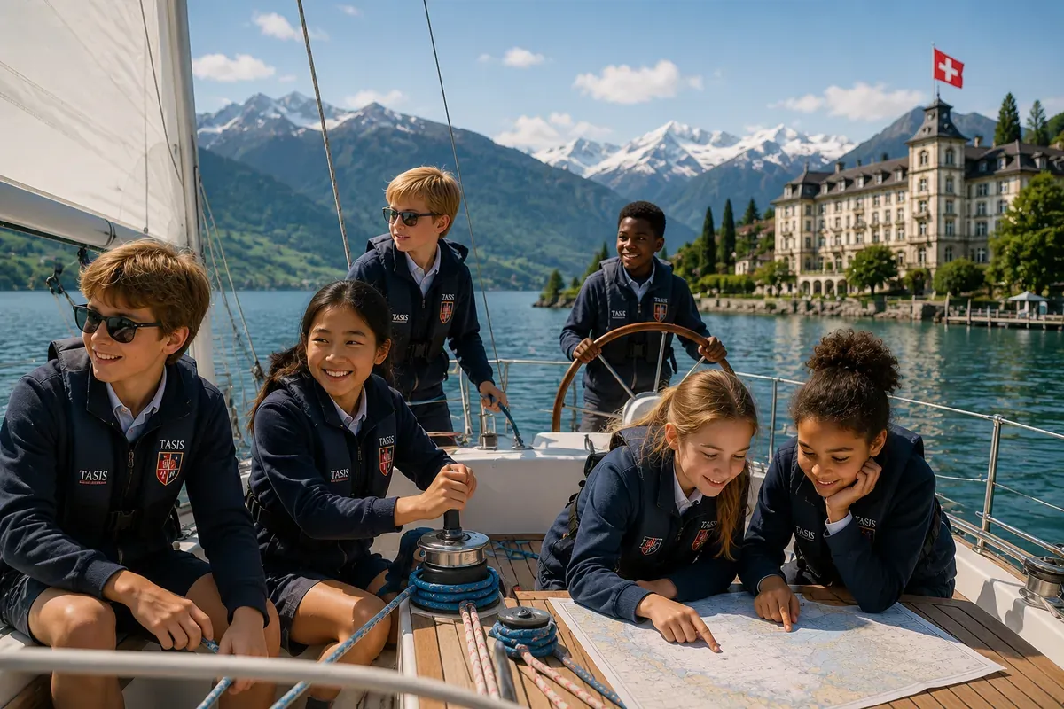 A diverse group of younger boarding-school pupils learning sailing and navigation on a Swiss alpine lake.