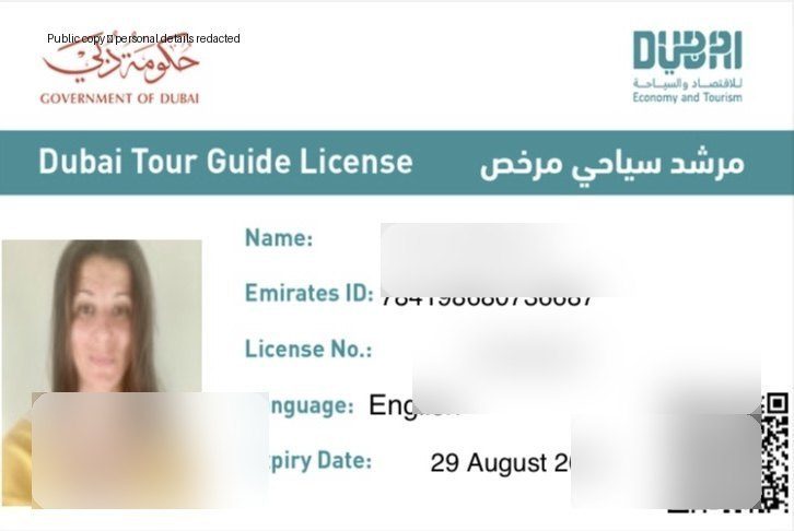 Silvia Batkov's redacted Dubai tour guide license